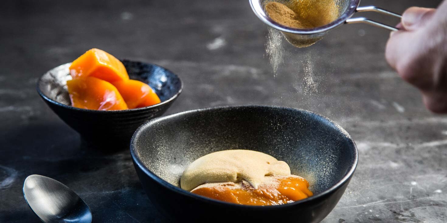 CRISPY PUMPKIN, WHITE CHOCOLATE AND YOGHURT MOUSSE WITH PASSIONFRUIT