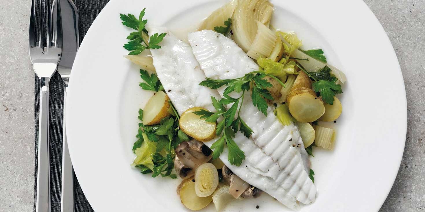 TURBOT ON A BED OF VEGETABLES 125 MINS   A LITTLE MORE CHALLENGING4 PEOPLE