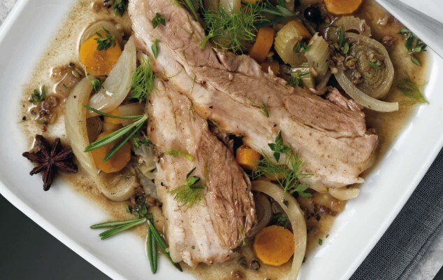 SPICED BELLY OF PORK IN A VEGETABLE AND GINGER STOCK