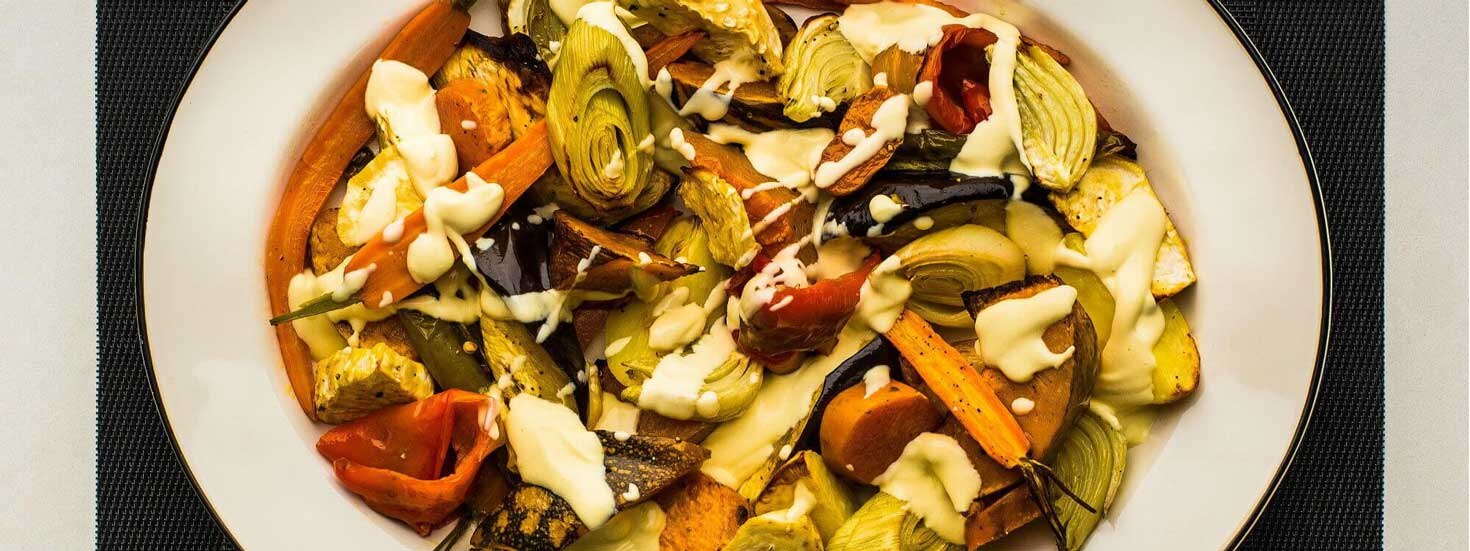ROASTED, SEASONAL VEGETABLES WITH A YOGHURT AND SESAME DRESSING